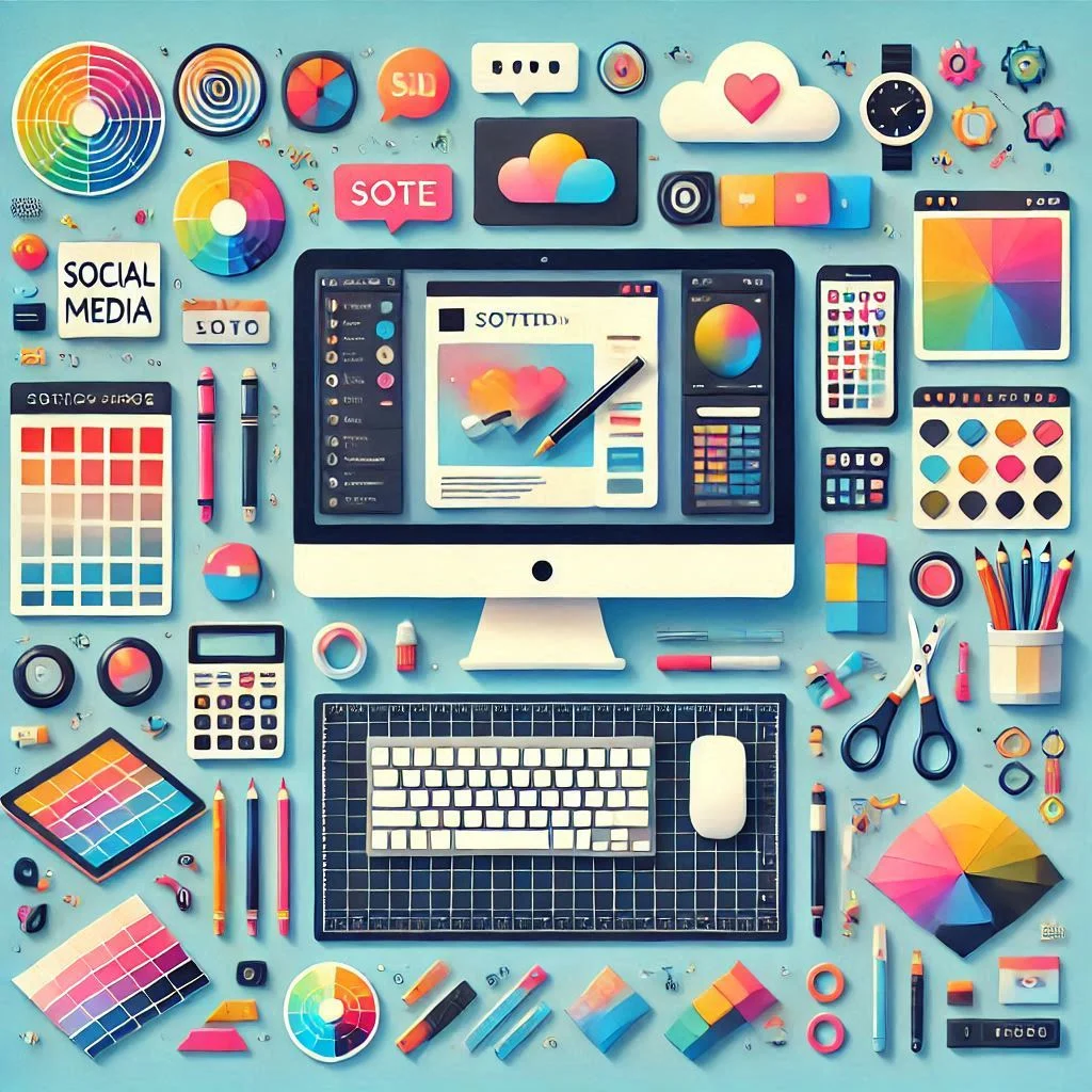 "Visualize a designer’s desk with a computer displaying a social media post design in progress, surrounded by colorful tools like palettes, icons, and branding elements."