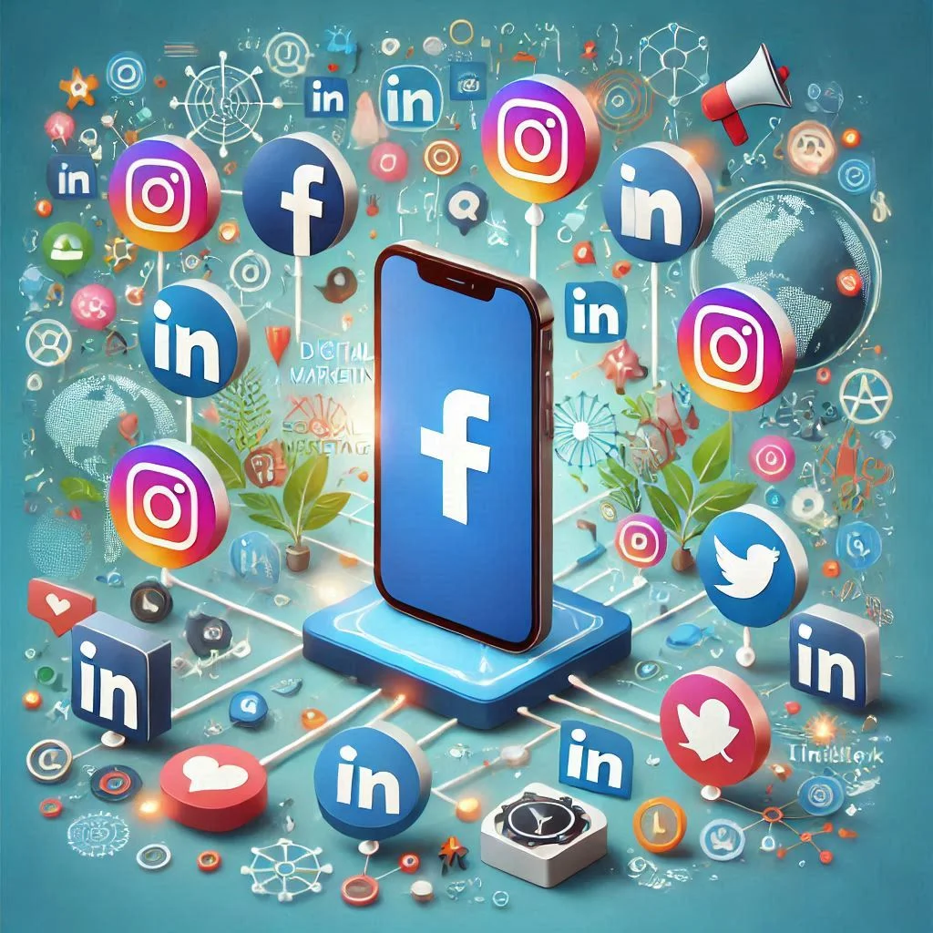 "Illustrate a vibrant digital marketing scene with a smartphone surrounded by icons of popular social media platforms like Facebook, Instagram, LinkedIn, and Twitter, highlighting connections to a global audience."