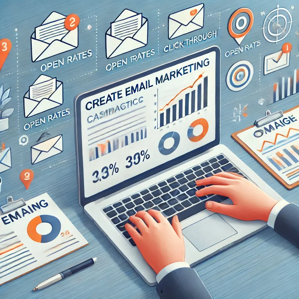"Create an email marketing dashboard showing campaign statistics (open rates, click-through rates), with a professional composing an email campaign on a laptop surrounded by graphic icons of envelopes and notifications."