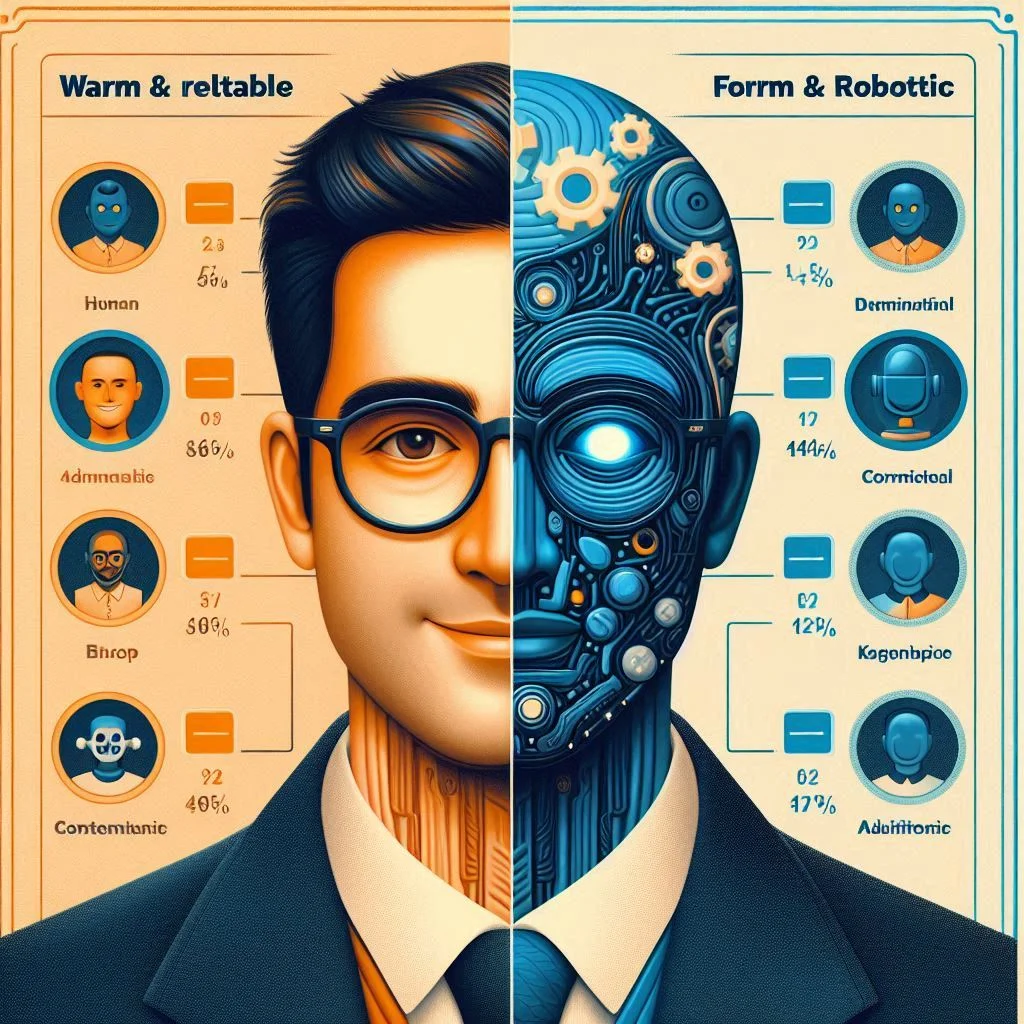 A piece of content with mismatched tones, with human content labeled "Warm & Relatable" and AI content labeled "Formal & Robotic."