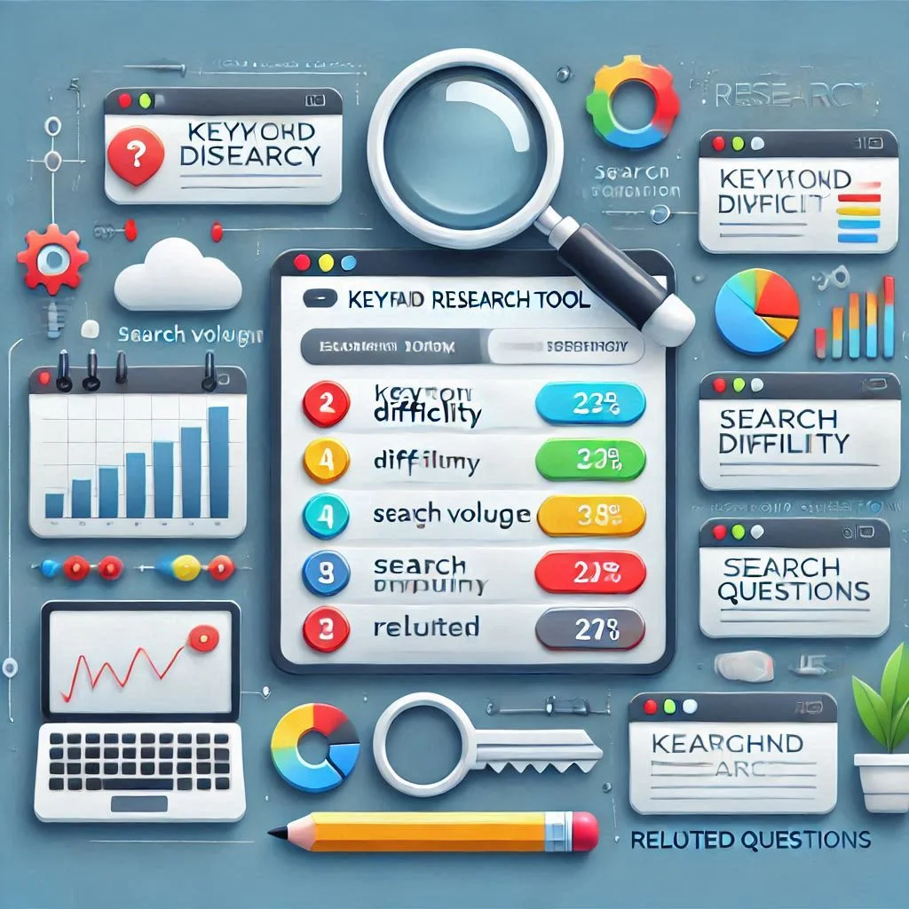 A keyword research tool interface showcasing keyword difficulty, search volume, and related questions.