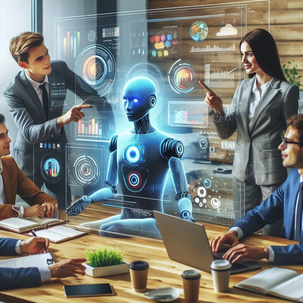 A small business team collaborating, with an AI assistant generating diverse content formats on a central screen.