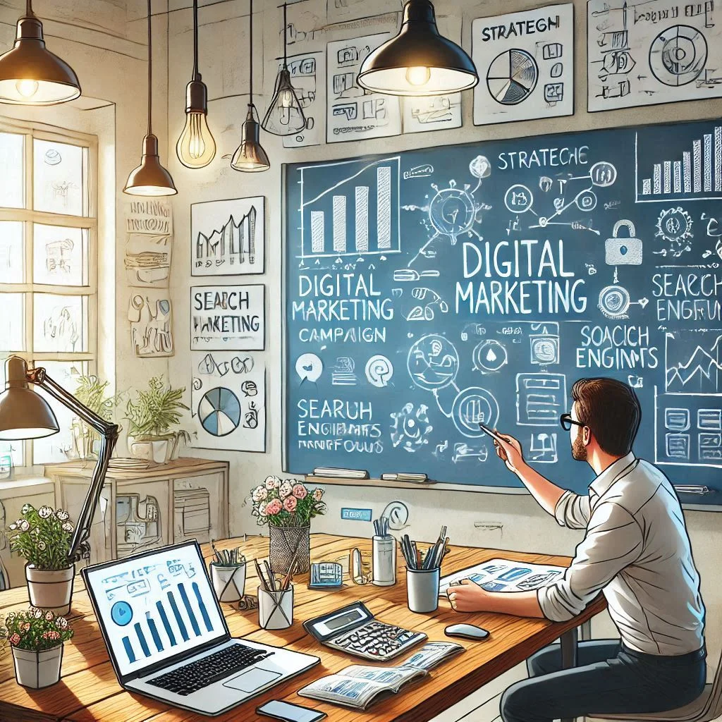 "Illustrate a creative workspace where a digital marketing specialist is planning a campaign on a whiteboard, with diagrams and graphs representing strategies for various online platforms like search engines and social media."