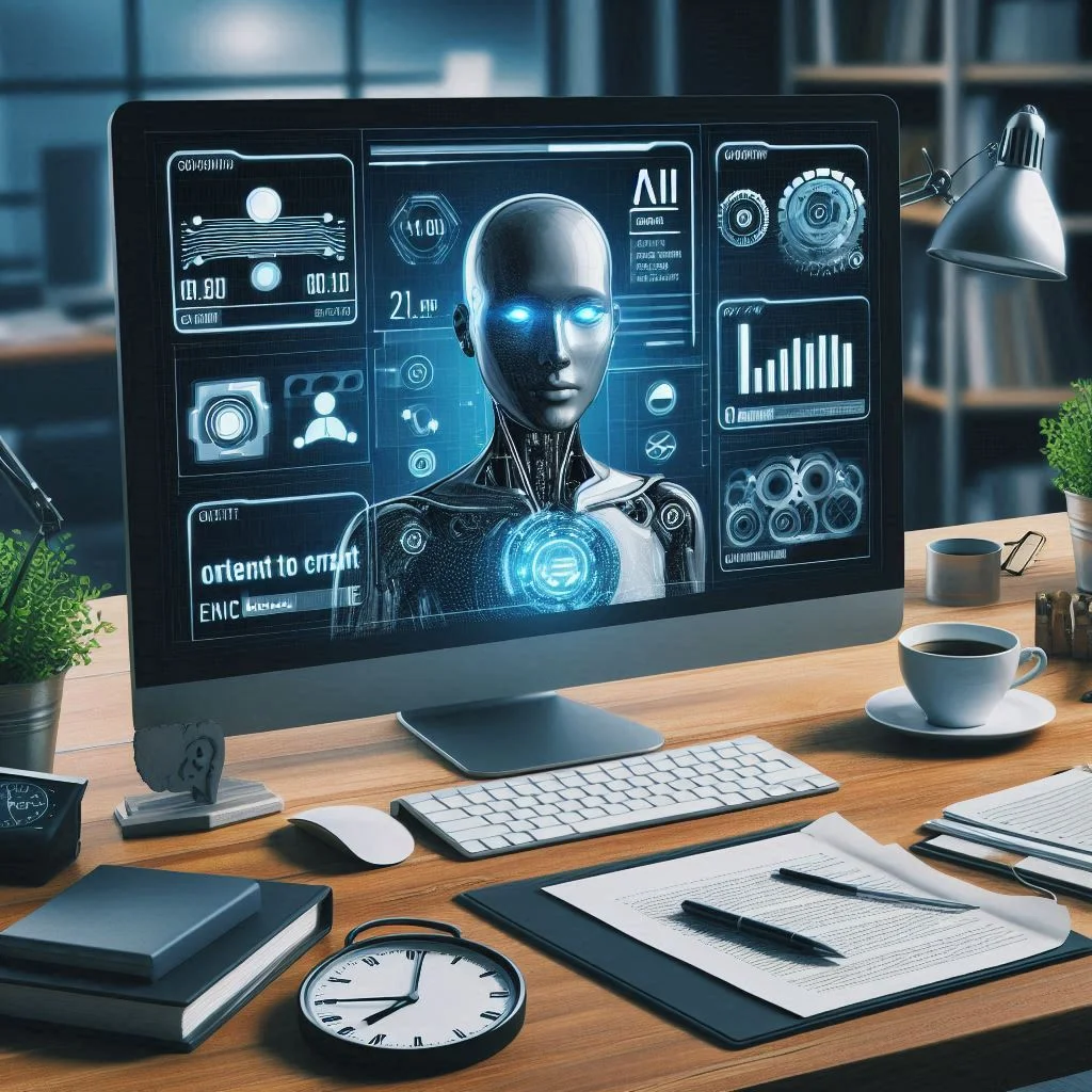 A professional workspace showing an AI dashboard on a screen, with a timer and completed content drafts, symbolizing time efficiency.