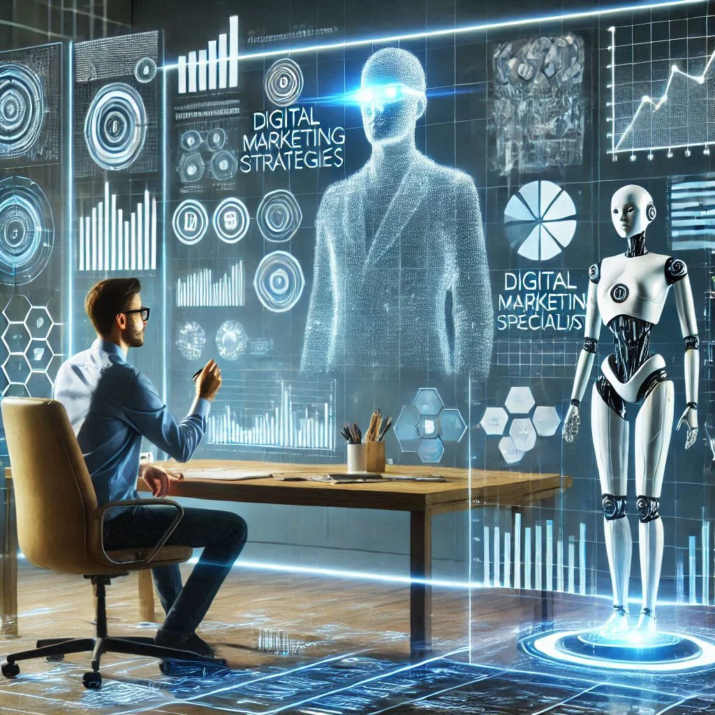 "Design a futuristic workspace showcasing digital marketing strategies in action, with holographic charts, graphs, and a virtual assistant assisting a digital marketing specialist."