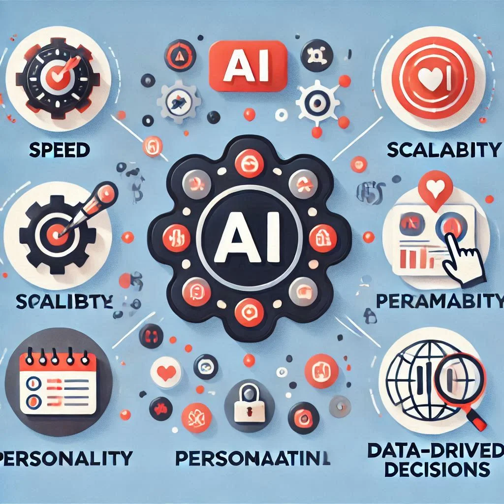 An infographic highlighting the benefits of AI in marketing, with icons representing speed, scalability, personalization, and data-driven decisions.