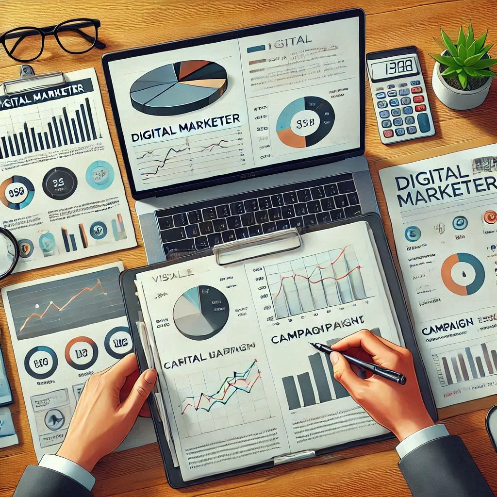 "Visualize a digital marketer preparing their portfolio, with a laptop showing analytics graphs, printed campaign snapshots, and a clean, modern layout showcasing their work."