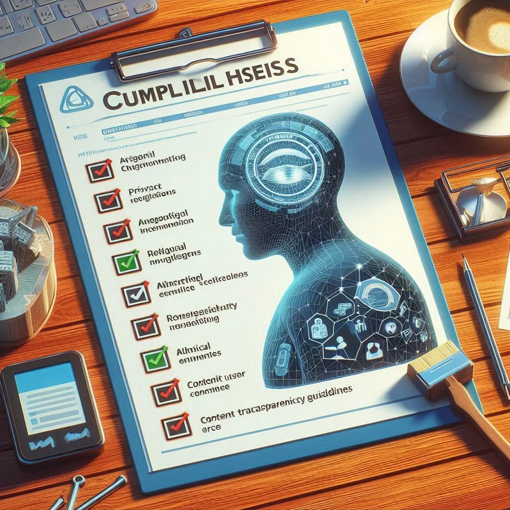 A compliance checklist featuring privacy regulations, ethical AI use, and content transparency guidelines.