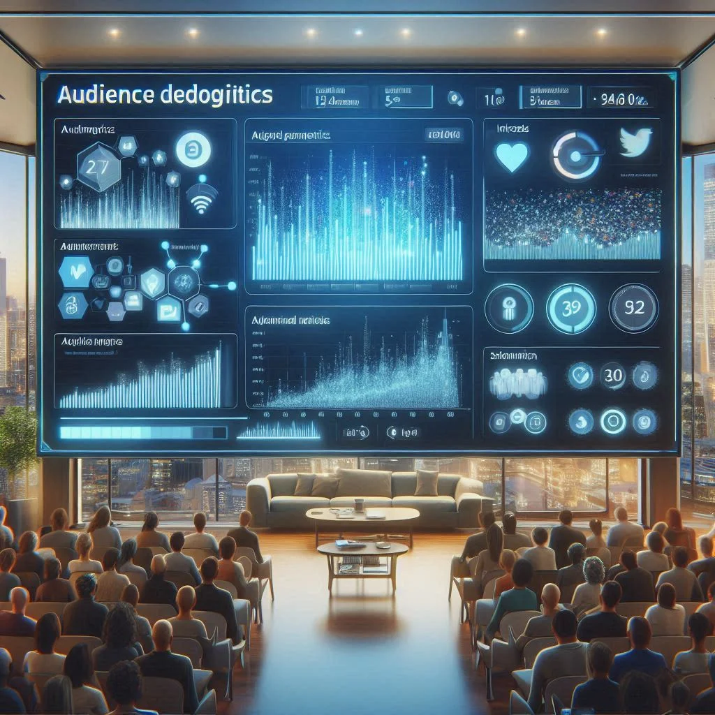 An AI-powered dashboard displaying audience demographics, interests, and sentiment analysis in a clean, modern interface.