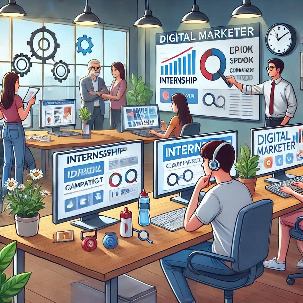 "Illustrate a digital marketer in an internship environment, working on a dual monitor setup, analyzing campaign performance, with supervisors providing guidance in a collaborative workspace."