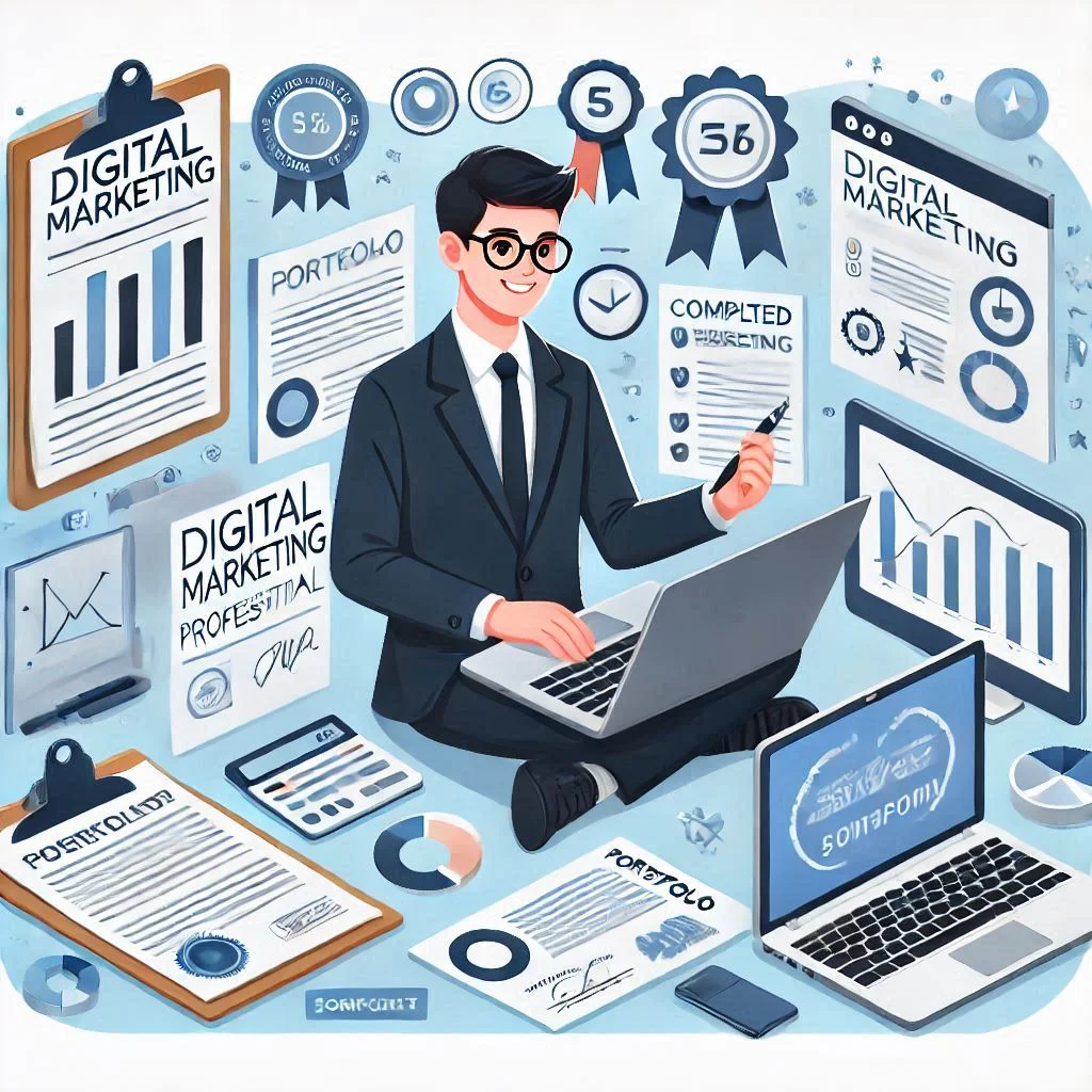 "Depict a young digital marketing professional creating a portfolio on a laptop, surrounded by completed project files, certificates, and charts showcasing achievements."