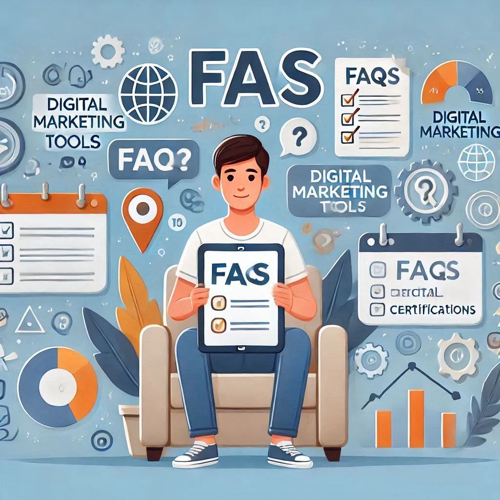 "Depict a professional in a casual setting, holding a tablet with FAQs displayed on the screen, surrounded by icons representing digital marketing tools, charts, and certifications."
