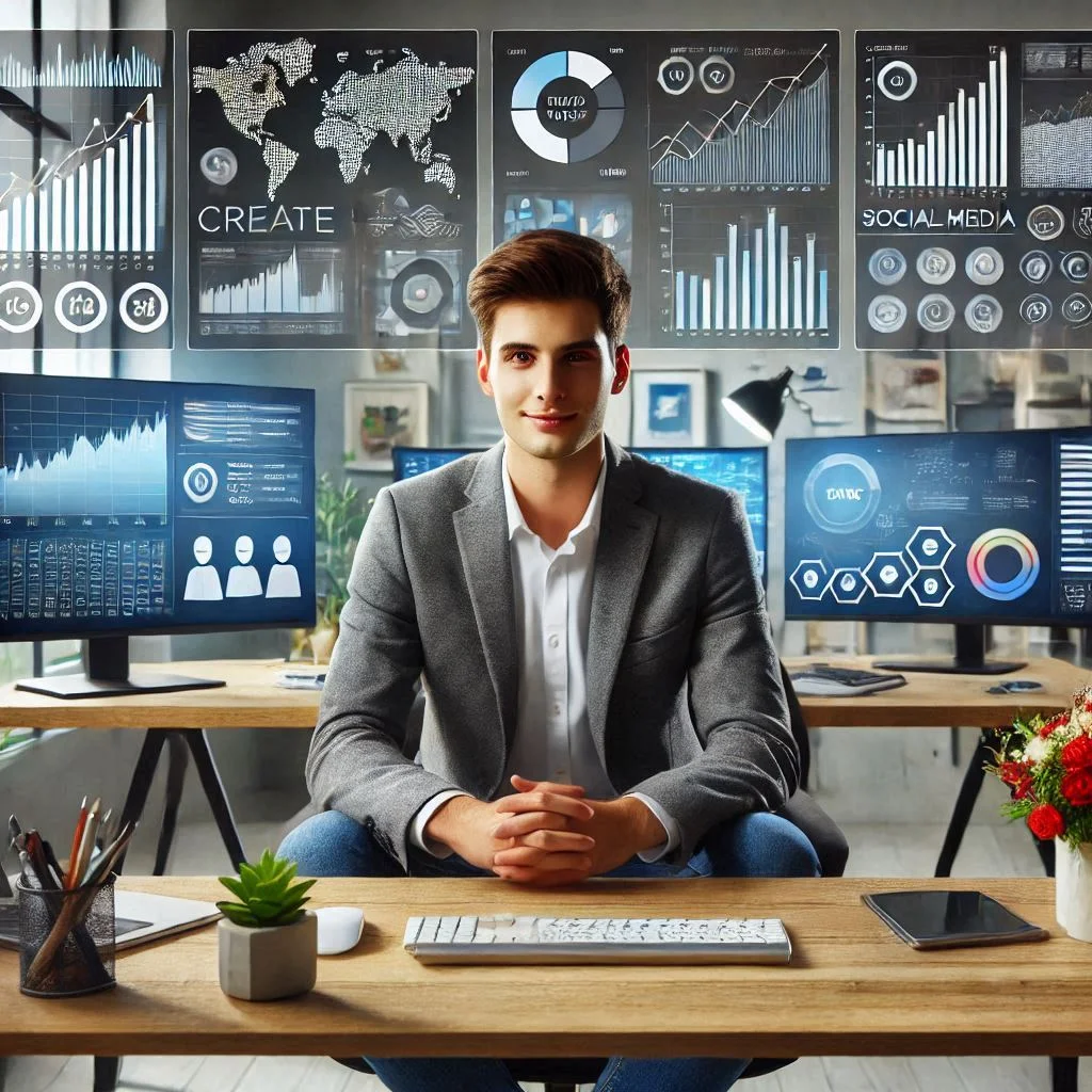 "Create an image of a young professional sitting at a desk, surrounded by multiple screens displaying analytics charts, social media platforms, and campaign dashboards in a sleek and modern workspace."