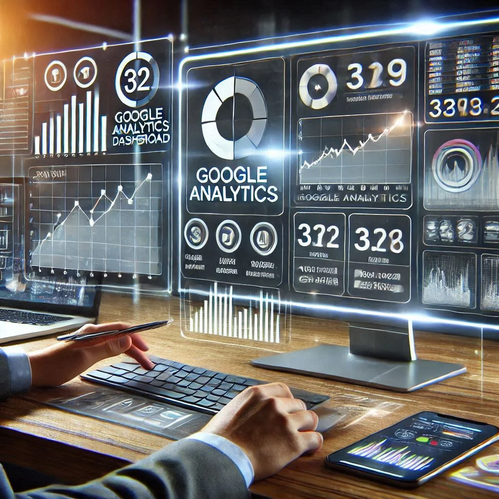 "Show a digital marketer analyzing a Google Analytics dashboard on a computer screen, with charts, graphs, and key metrics displayed prominently in a sleek, futuristic workspace."