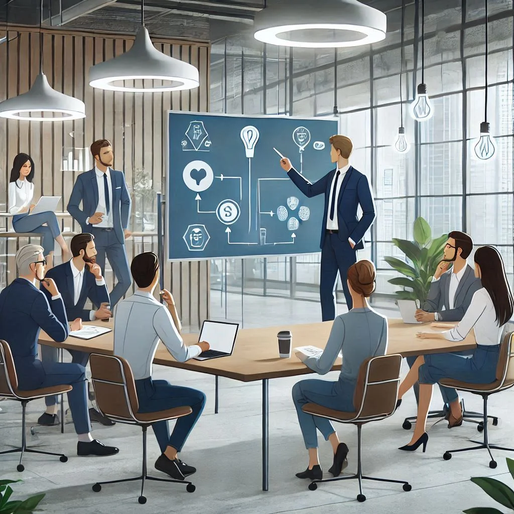 "Depict a team of professionals brainstorming in a modern office space, with one person presenting ideas on a digital whiteboard surrounded by diverse team members contributing their thoughts."