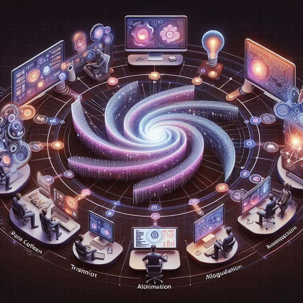 A visualization of the AI content generation process, showing stages like data collection, algorithm training, and final content output.