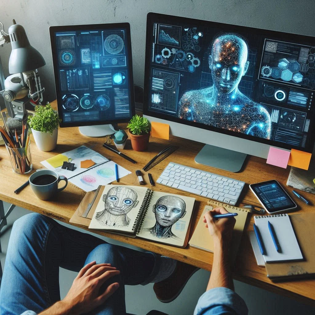 A creative workspace showcasing a content writer using AI tools on one screen while brainstorming on a notepad.