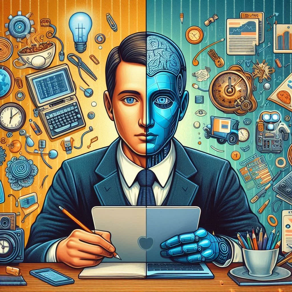 A side-by-side comparison of a human writer brainstorming creative ideas versus an AI tool generating repetitive content.