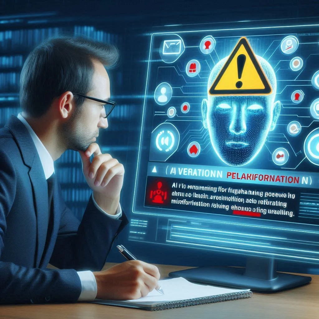 A visual of an AI tool displaying a warning about potential plagiarism or misinformation, with a human editor reviewing the output critically.