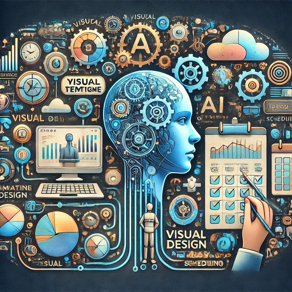 A visual comparison of AI tools highlighting features like text generation, visual design, and scheduling.