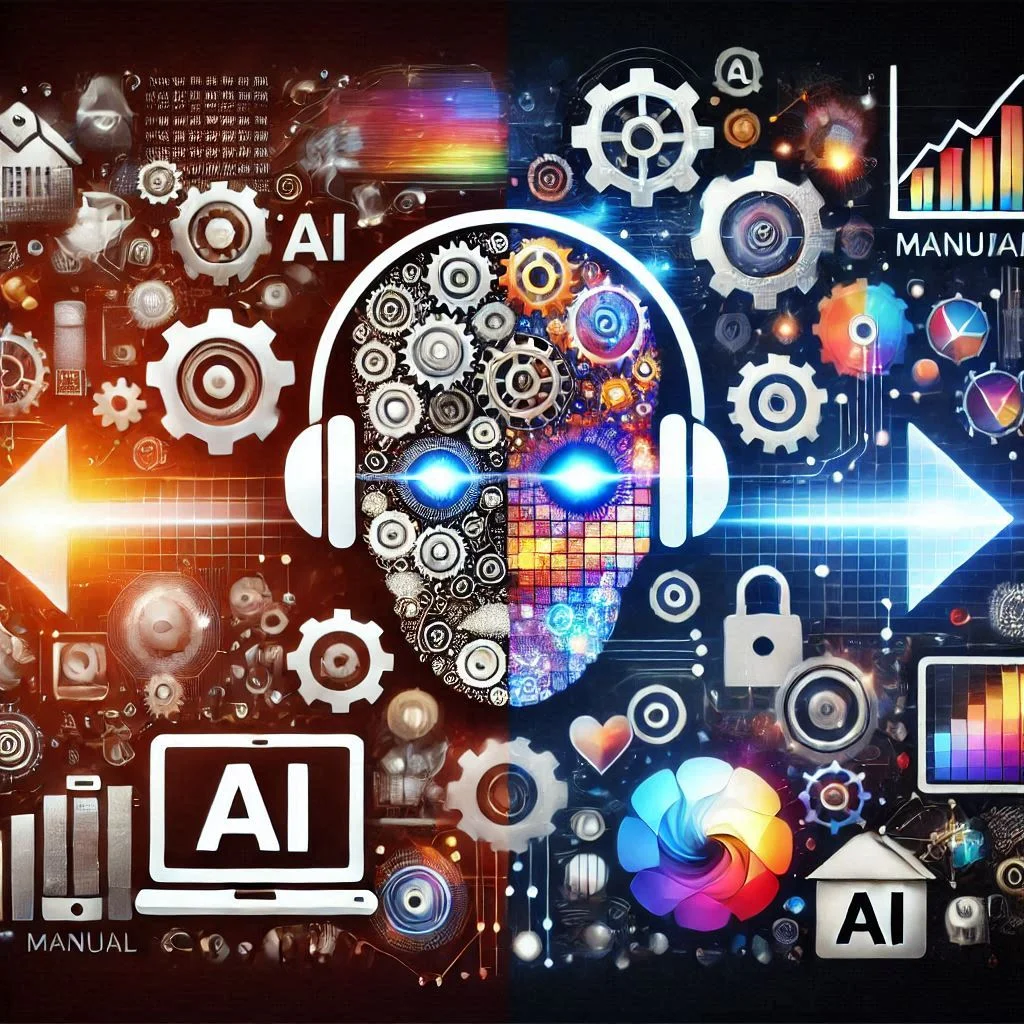 Generate an AI-rendered graphic showcasing the transformation from manual to automated content creation. Include visual elements like gears and digital tools to represent AI processes.