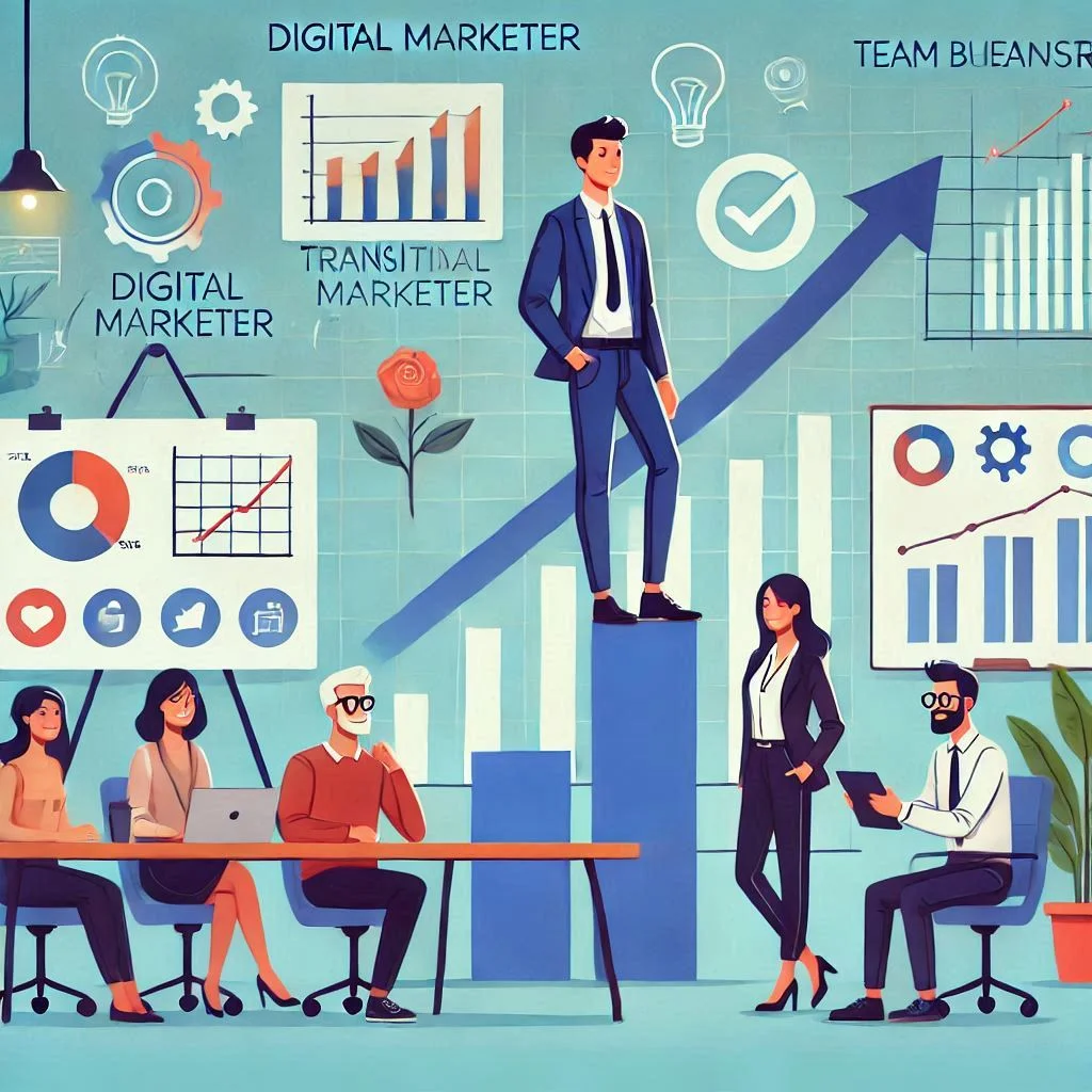"Illustrate a successful digital marketer transitioning to a managerial role, standing in a modern office environment with charts, team brainstorming, and a whiteboard with growth strategies."