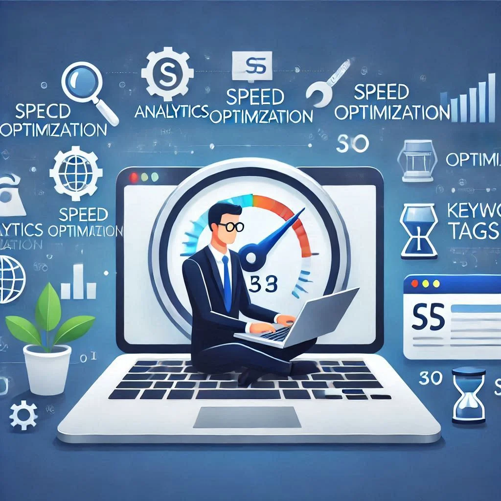 "Visualize a search engine interface with a professional analyzing keyword rankings on a laptop, surrounded by icons for analytics, speed optimization, and keyword tags."