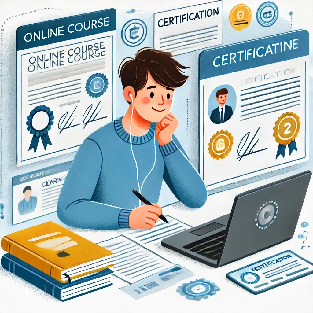 "Depict a young professional working on an online course, surrounded by notes, a laptop showing a learning platform, and certifications displayed on a nearby wall."