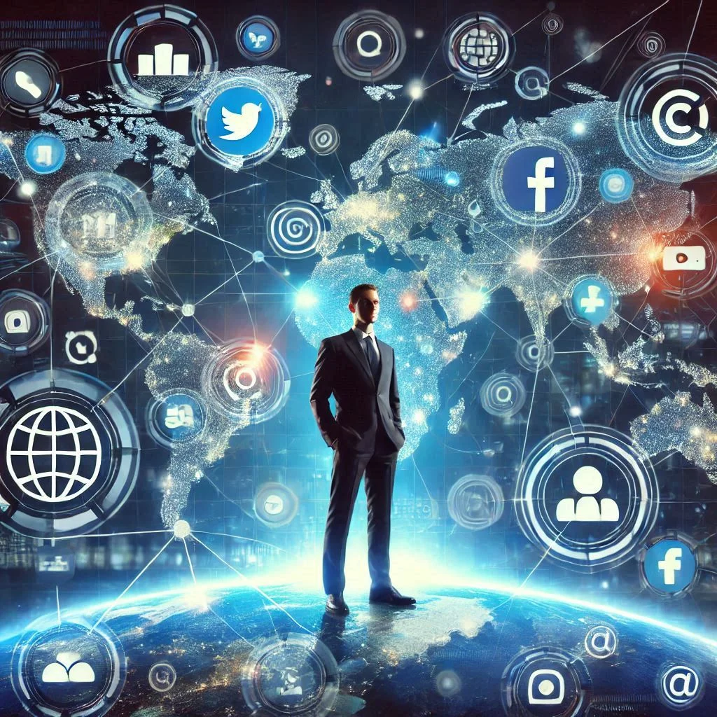 "Visualize a global network map with highlighted social media icons, search engine logos, and a professional standing confidently in the center, symbolizing their role in connecting brands to the world."
