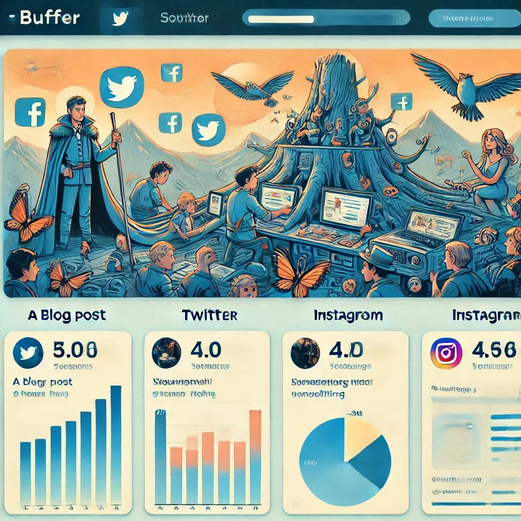 A Buffer dashboard showing how a blog post is transformed into several Twitter and Instagram posts.