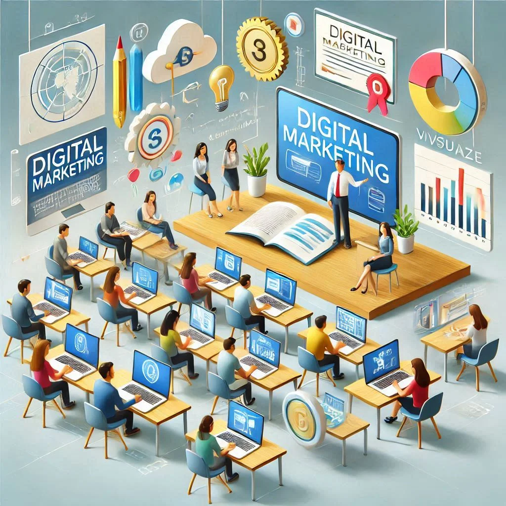 "Visualize a classroom or virtual learning environment where students are engaged in a digital marketing course, with elements like laptops, charts, and certifications prominently displayed."
